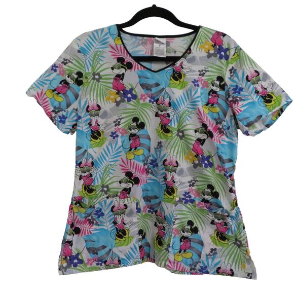 Disney Tops - Disney Womens Sz M Blue Green Pink Minnie Mouse Tropical Scrub Top Short Sleeve